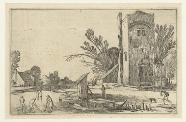 Torre quadrata presso un fiume ghiacciato con giocatori di golf