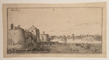 Città murata, a sinistra di un fiume, da Paesaggi