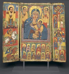 Trittico con immagine centrale della Vergine e Bambino