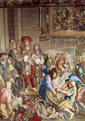 Visita di Luigi XIV alla Manifattura dei Gobelins alla presenza di Jean Baptiste Colbert (in profilo, a destra del re) e del pittore Charles Lebrun, 15 ottobre
