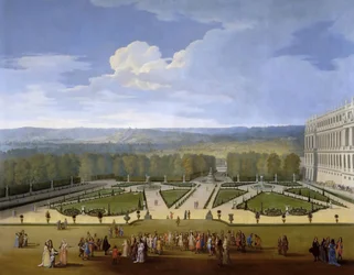 Luigi XIV e la sua corte in una passeggiata nei giardini di Versailles