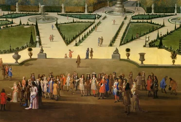 Passeggiata di Luigi XIV (1638-1715) con vista sul parterre settentrionale nei giardini di Versailles, dettaglio. Circa 1688. Sole. 2,3 x 2,9 m
