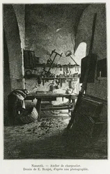Officina del falegname a Nazareth. Incisione di E. Ronjat, per illustrare la storia La Siria d