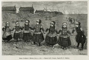 Danza dei bambini a Marken (Paesi Bassi), incisione dal disegno di E. Ronjat, per illustrare la storia dei Paesi Bassi, di Charles de Coster, nel 1878, pubblicato in Le tour du monde