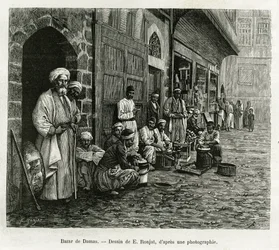 Bazar di Damasco. Incisione di E. Ronjat, per illustrare il racconto La Siria di oggi, di M. Lortet, decano della Facoltà di Medicina di Lione, incaricato di una missione dal Ministero dell