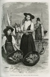 Venditrici di pesce in costume tradizionale femminile: gonna corta e corpetto plissettato con bottoni d