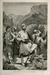 Briganti e pastori greci, complici nelle montagne, disegno di E. Ronjat, per illustrare il racconto di Henri Belle: Viaggio in Grecia