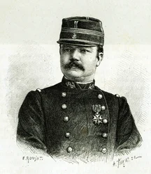 Ritratto del Capitano Valliere, della fanteria di marina, durante la spedizione in Africa sotto il comando di Gallieni. Incisione di E. Ronjat, da una fotografia, per illustrare il racconto 
