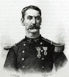 Ritratto del Comandante Joseph Gallieni, durante la spedizione in Africa (1879-1882). Incisione di E. Ronjat da una fotografia, per illustrare la storia "Esplorazione dell