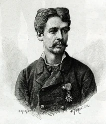 Ritratto del Dottor Tautain, durante la spedizione in Africa 1879-1882, sotto il comando di Gallieni. Incisione di E. Ronjat, da una fotografia, per illustrare la storia "Esplorazione dell