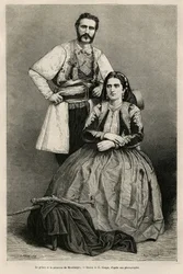 Ritratti del principe Nicola I Petrović-Njegoš del Montenegro (1841-1921) e di sua moglie Milena, nata Vukotić (1847-1923), disegno di E. Ronjat per illustrare il viaggio in Montenegro del 1874 di Charles Yriarte (1832-1898). Incisione in Le Tour du