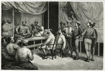 Accoglienza dei viaggiatori al palazzo del sultano di Soulou (o Sulu) (arcipelago delle Filippine), Mohammed Yamalul Alam. Incisione di E.Ronjat, per illustrare il racconto “Viaggio nelle Filippine”
