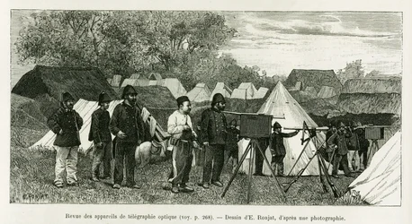 Revisione degli apparati di telegrafia ottica. Incisione di E.Ronjat, per illustrare la storia Trente mois au Tonkin, nel 1884, del dottor Paul Hocquard, in le tour du monde 1890, sotto la direzione di Edouard Charton (1807-1890), Hachette, Parigi.