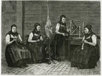 Spanditori di Sondernach, descrizione delle diverse fasi della filatura, mano, fuso e fuso. Incisione di E.Ronjat, per illustrare la storia 
