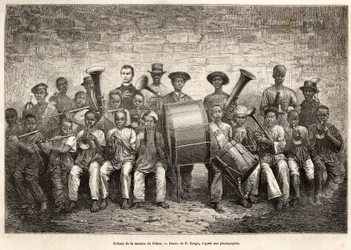 La banda dei bambini della missione del Gabon. Incisione da un disegno di E.Ronjat, per illustrare la crociera sulla costa dell