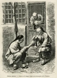 Il pedicure ambulante, scena comune della vita quotidiana nelle città cinesi, incisione per illustrare il viaggio a Pechino e nel Nord della Cina, 1873, di T. Choutze