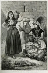 Donne che portano brocche, vicino al pozzo di Hiram a Tiro. Incisione di E.Ronjat, per illustrare la storia La Siria di oggi, di M.Lortet, decano della Facoltà di Medicina di Lione, incaricato di una missione scientifica dal Ministero dell