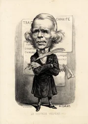 Foglio volante - Illustrazione di Etienne Carjat (1826-1906): Medico, medicina, salute, Carità, Anatomia, Poster - Chirurgo, Velpeau Alfred (1795-1867)