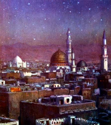 Veduta di Medina, Arabia, al chiaro di luna, mostrando la cupola della Tomba del Profeta