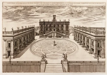 Acquaforte su disegno di Michelangelo per la piazza del Campidoglio a Roma, Italia