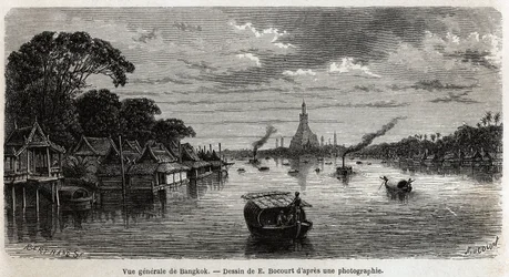 Veduta generale di Bangkok (Thailandia), disegno di E. Bocour, per illustrare il viaggio di Henri Mouhot nei regni di Siam, Cambogia e Laos dal 1858 al 1861. Incisione in “Le tour du monde”, edito da Edouard Charton