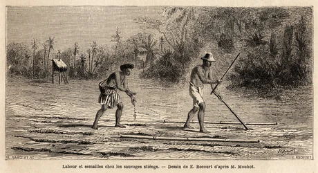 Aratura e semina tra i selvaggi Stiengs, abitanti delle foreste della Cambogia, disegno di E.Bocour, per illustrare il viaggio di Henri Mouhot attraverso i regni di Siam, Cambogia e Laos dal 1858 al 1861. Incisione in "Le tour du monde", a cura di