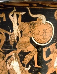 Antichità etrusca: cratere a campana raffigurante la distruzione di Troia: dettaglio con Neottolemo che getta Astianatte, figlio di Ettore, oltre le mura. Da Falerii Veteres (Civita Castellana). 350-300 a.C. Roma, Museo Nazionale di Villa Giulia