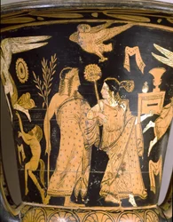 Antichità etrusca: cratere a campana raffigurante la distruzione di Troia: dettaglio con Dioniso e Arianna. Da Falerii Veteres (Civita Castellana). 350-300 a.C. Roma, Museo Nazionale di Villa Giulia