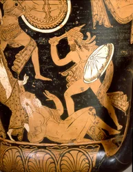 Antichità etrusca: cratere a campana raffigurante la distruzione di Troia: dettaglio raffigurante Priamo ucciso da Neottolemo. Da Falerii Veteres (Civita Castellana). 350-300 a.C. Roma, Museo Nazionale di Villa Giulia