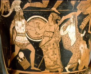 Antichità etrusca: cratere a campana raffigurante la distruzione di Troia: (dettaglio)
