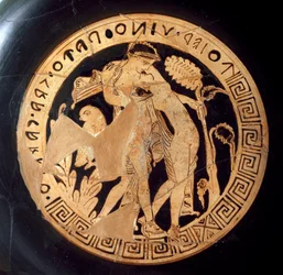 Antichità etrusca: dettaglio di una kylix raffigurante Dioniso e Arianna. Da Falerii Veteres (Civita Castellana), VI secolo a.C. Roma, Museo Nazionale di Villa Giulia