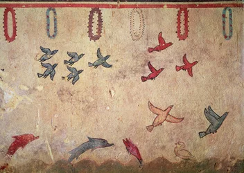 Uccelli acquatici e delfini che saltano, dalla Tomba della Caccia e della Pesca, c.520-10 a.C.