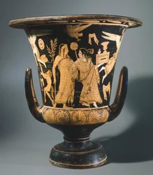 Cratere a calice del Pittore di Nazzano. Ceramica a figure rosse. Civiltà etrusca, IV secolo a.C.