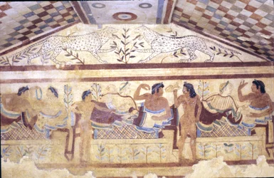 Tomba etrusca dei Leopardi, affresco che mostra una scena di banchetto, Tarquinia. V secolo a.C., Italia