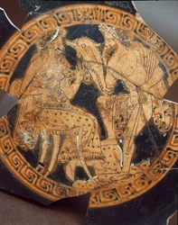 Antichità etrusca: dettaglio di una kylix raffigurante Poseidone e Anfitrite. Da Falerii Veteres (Civita Castellana), VI secolo a.C. Roma, Museo Nazionale di Villa Giulia