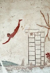 Arte etrusca: un giovane nuotatore che si tuffa. Affresco della tomba del "tuffatore". Dettaglio. Dal cimitero meridionale di Paestum. 480-470 a.C. Museo Archeologico Nazionale, Paestum