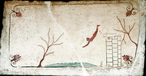 Arte etrusca: Un giovane nuotatore che si tuffa. Affresco della tomba del "tuffatore". Dal cimitero meridionale di Paestum. 480-470 a.C.