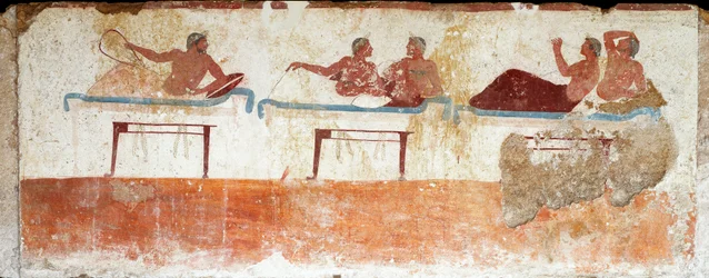 Arte etrusca: scena di banchetto - Affresco della Tomba del «Tuffatore», proveniente dalla necropoli meridionale di Paestum, 480-470 a.C. - Museo Archeologico Nazionale, Paestum