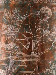 Arte etrusca: particolare della Cista Ficoroni in bronzo raffigurante la leggenda degli Argonauti: la nave Argo. Da Preneste (Palestrina). 340 a.C. Museo Nazionale di Villa Giulia, Roma