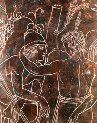Arte etrusca: dettaglio della Cista Ficoroni in bronzo raffigurante la leggenda degli Argonauti. Da Preneste (Palestrina). 340 a.C. Museo Nazionale di Villa Giulia, Roma