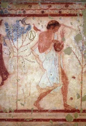 Arte etrusca: affreschi rappresentanti scene di banchetto, dettaglio di un suonatore di lira. Tomba del Triclinio. V secolo a.C. Museo Archeologico Nazionale di Tarquinia, Italia