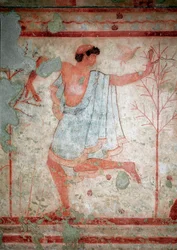 Arte etrusca: affreschi che rappresentano scene di banchetto, (dettaglio) rappresentante un danzatore. Tomba del Triclinio. V secolo a.C. Museo Archeologico Nazionale di Tarquinia, Italia