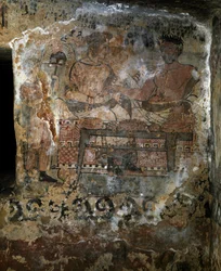 Civiltà etrusca: Larth Velcha e sua moglie Velia Seithi raffigurati a un banchetto in un affresco della Tomba degli Scudi, 340 a.C. Necropoli dei Monterozzi, Tarquinia, Italia
