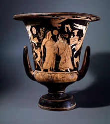 Civiltà etrusca: cratere in terracotta decorato dal pittore di Nazzano rappresentante Apollo e una menade, 350 a.C. Dim 57 cm, dal sito di Civita Castellana
