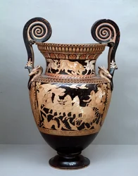 Civiltà etrusca: cratere in terracotta con volute rappresentante Aurora sul suo carro, 360-340 a.C., da Cerveteri, Italia