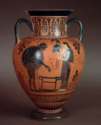 Civiltà etrusca: hydria in terracotta rappresentante Teti che consegna le armi a suo figlio Achille, 550-500 a.C. da Cerveteri, Italia