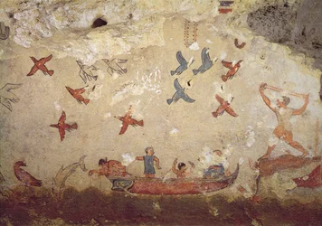 Pescatori in barca e uccelli in volo, dalla Tomba della Pesca e della Caccia, c.520-510 a.C.