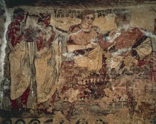 Affresco che raffigura il banchetto funebre di Velthur Velcha con la moglie Ravnthu Aprthnei intrattenuti da due musicisti