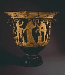 Cratere (grande vaso) del Pittore di Nepi. Ceramica a figure rosse da Corchiano (Lazio). Civiltà etrusca, IV secolo a.C.