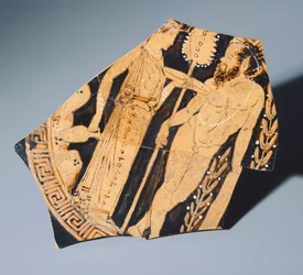 Kylix del Pittore di Villa Giulia, frammento. Ceramica a figure rosse. Civiltà etrusca, IV secolo a.C.